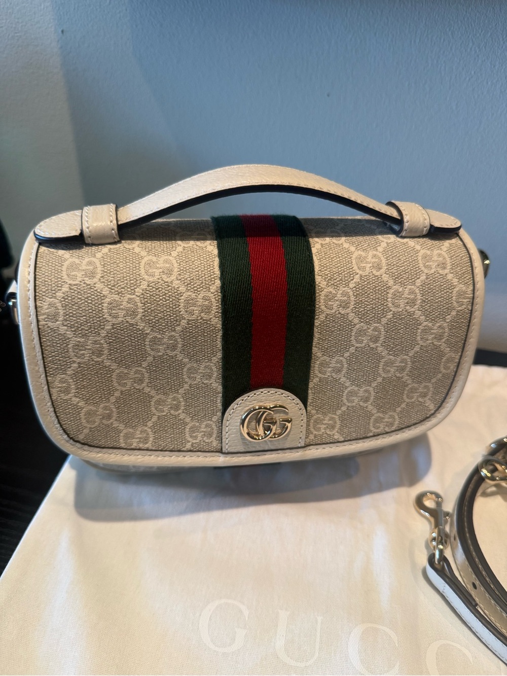Authentic Gucci Beige Canvas Shoulder Bag with Green and Red Web-WORN ONLY ONCE